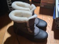 Top view showing white faux-fur collars and grey uppers