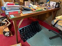 Full view of table top, legs and angled supports, showing overall style and finish