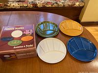 Overall view of four fondue plates with retail box