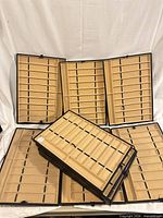 Stacked and standing view of multiple slotted display trays