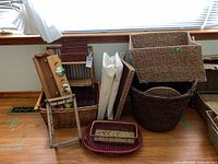 Group shot showing large round basket, seagrass basket, trays, peg rack and shelf