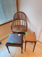 Swivel wooden desk chair, vinyl stool, wooden side table grouped