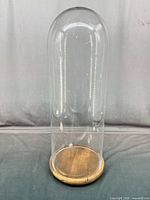 full view of glass dome on wood base