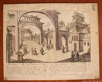 Full view of unframed coloured etching with margins visible