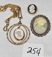 Full view of necklace and two brooches on surface