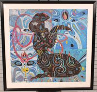 Full view of framed serigraph in black frame