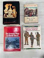 Front covers of four titles: The World at War, Heart of the World, The German Navy in World War II, South African Special Forces