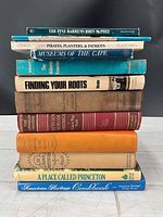 Spine view of stacked books showing titles