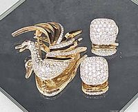 Brooch and earrings together on display