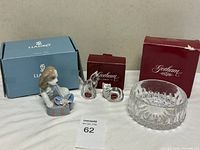 Group shot showing Lladró puppy figurine, Gorham bowl, two Gorham crystal cats and their original boxes