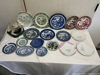 Overall view of plates and frog planter on table