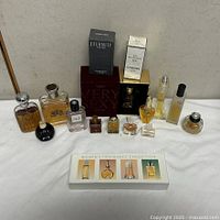 Overall view of all perfume bottles, boxes and sampler set