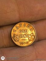 Reverse of 1920 Canadian one cent with maple leaves visible