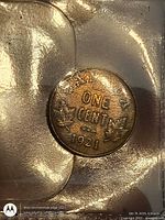 Reverse view showing ONE CENT 1921 with maple leaves