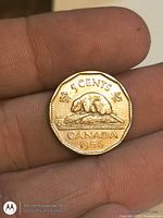 Reverse showing beaver image, denomination 5 CENTS, country CANADA and date 1956