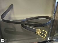 Full view of belt coiled on surface, showing leather color and buckle