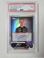 Front of PSA-slabbed 2023 Topps Chrome Theo Pourchaire autograph card showing player image, autograph, PSA label grade 9