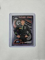 Front of Andrea Kimi Antonelli Topps Chrome Future Stars card in sleeve