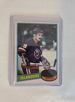 Front of 1980 Topps #40 Bryan Trottier hockey card in sleeve