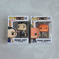 Front view of both boxed Funko Pop figures Michael Scott #1120 and Dwight Schrute #1171