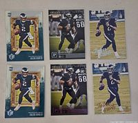 Front view of six Jalen Hurts rookie cards, three designs, two of each