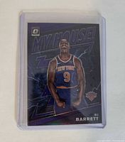 Front of RJ Barrett My House purple rookie card in top loader