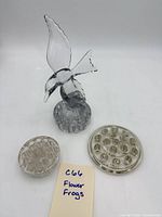 Flying gull glass flower frog with two round flower frogs displayed