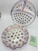 Both Glama Glass platters upright for full view of shapes and decoration