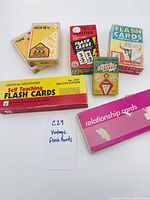 Six boxed sets of vintage flashcards laid out