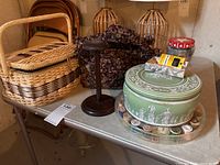 Overall lot with basket, tote, wood stand, tin, thread organizer, jar, needles