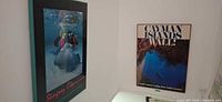 Both framed Cayman Islands tourism poster prints hanging on stairway wall