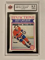 Front view of graded 1982-83 O-Pee-Chee Guy Lafleur #187 card showing KSA 8.5 label and card imagery