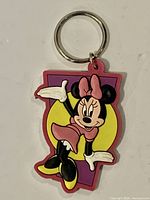 Front view of Minnie Mouse soft PVC keychain showing figure, colors, and metal ring