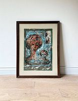 Frontal view of framed painting showing artwork, mat and frame