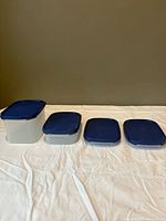 Four clear Tupperware containers with blue lids lined up by size