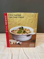 retail box showing image and text 4 onion soup bowls 100% porcelain