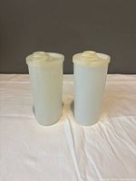 Two cylindrical translucent plastic Tupperware containers side by side on cloth backdrop