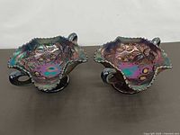 Two iridescent Northwood bonbon dishes angled view