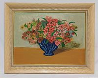 Front view showing entire framed floral oil painting