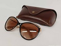 Oblique front view of sunglasses with closed brown case