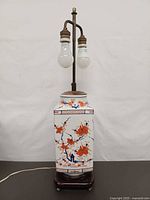 Front view of Imari porcelain lamp on wood base with dual sockets