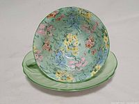 Cup resting inside saucer showing Melody Chintz pattern interior and saucer well