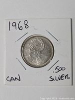 Front view of 1968 Canadian silver quarter in 2x2 holder
