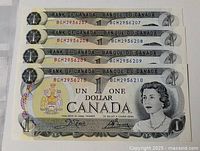 Stack of four sequential 1973 $1 notes showing fronts and serial numbers