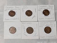 Five of the six Canadian cents in 2×2 flips showing years 1978, 1979, 1984, 1988 and a “near beads” note