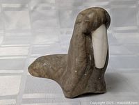 Front view of brown-grey soapstone walrus with white tusks