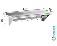Manufacturer diagram of stainless steel pot rack shelf with dimensions 48" x 12", backsplash and hooks
