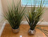 Both artificial grass plants in chrome pots