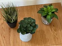 Top view of three artificial plants showing foliage and pots