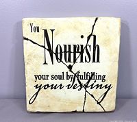 Front view of square ceramic plaque with quote and crackle design